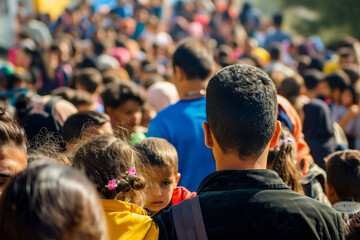 A crowd of refugees crosses the border. Background with selective focus and copy space