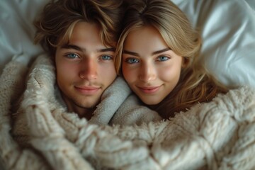 Couple in bed, concept of enjoying the morning. Background with selective focus and copy space