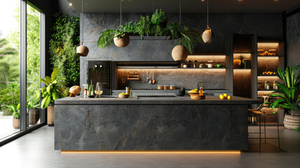 3d rendering of modern kitchen island with high end lighting, many plants