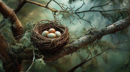  a bird's nest on a tree branch with three eggs in it's nest, in the middle of the branches of a pine tree, in the foreground is a blurry background.