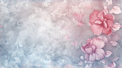  a painting of pink flowers and butterflies on a blue and pink background with a white frame in the middle of the frame is an empty space for a message ornament.
