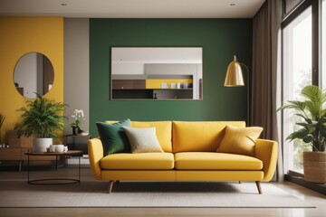 Interior home design of modern living room with yellow sofa and round table with green wall