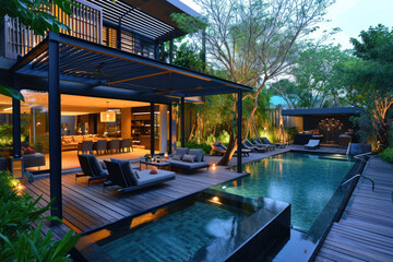Fototapeta na wymiar a lavish side outside garden at morning, with a teak hardwood deck and a black pergola. Scene in the evening with couches and lounge chairs by the pool