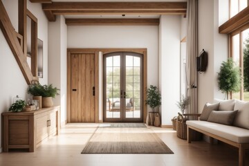 Interior home design of modern entrance hall with rustic wooden doors and furniture in the farmhouse