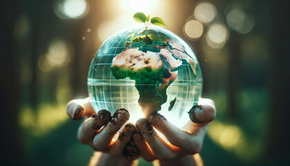 Hands cradling a transparent globe with a small plant growing on top, symbolizing care for the environment and sustainable living. Renewable Energy, Green Energy, Environment Protection, Earth Day. 