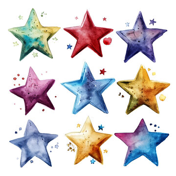 set of stars watercolor on white background