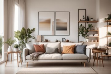 Scandinavian Interior home design of modern living room with sofa and wooden decoration with poster frames and shelves on the wall