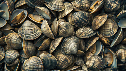  a large pile of clams is shown in this close up picture with a caption that reads, clams are the most common types of clams in the world. - obrazy, fototapety, plakaty