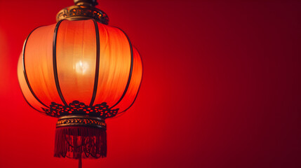 close up shot of Chinese lamp on red background with copy space, Chinese new year