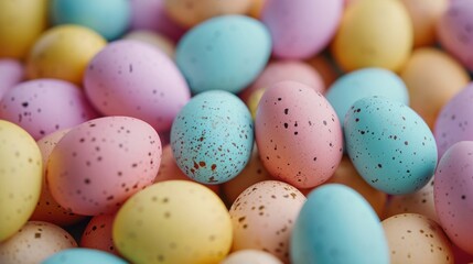 Fototapeta na wymiar a pile of colorful speckled eggs sitting on top of a pile of brown and blue speckled eggs on top of a pile of yellow and pink and blue speckled eggs.
