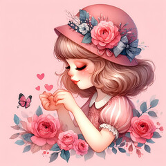 watercolor vintage cute girl on pink background