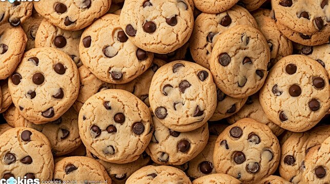  a large pile of chocolate chip cookies with a bite taken out of one of the chocolate chip cookies in the middle of the picture and the cookies in the middle of the middle.
