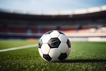 Fototapeta premium Ball on the green field in soccer stadium. soccer ball close-up. Generated AI