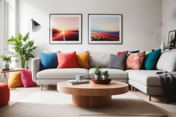 scandinavian interior home design of modern living room with round table and colorful pillow sofa with art poster on white wall