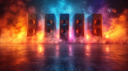 Music sounds speaker system on colorful bokeh background - obrazy, fototapety, plakaty