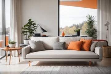 Scandinavian interior home design of modern living room with gray sofa and orange pillows near the window