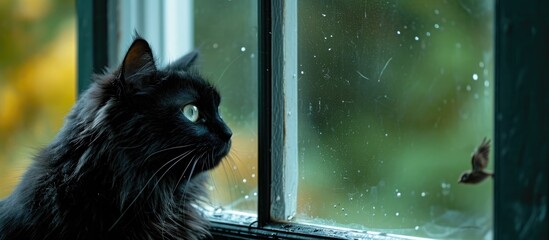 Black cat with silky hair peering through open window, observing birds and squirrels.