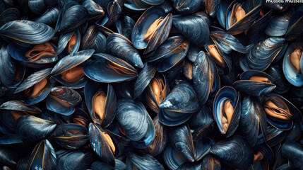  a close up of a bunch of mussels on a pile of mussels on a pile of mussels on a pile of mussels on a pile of mussels on a pile of mussel on a pile of mussel on a pile of mussel. - obrazy, fototapety, plakaty