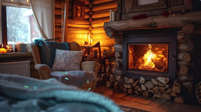 Warm cozy fireplace with real wood burning in it. Seamless looping 4k time-lapse virtual video animation background. Generated AI