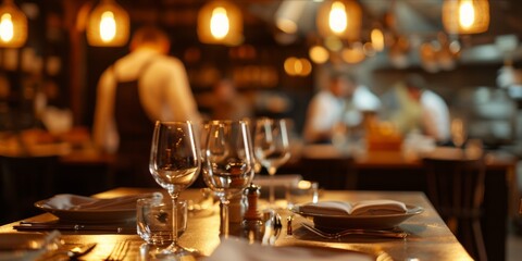 Elegant restaurant setting with blurred background of chefs and diners