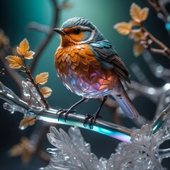 Highly detailed shot of an crystal sculpture in the shape of a European robin on a crystal tree branch, often associated with the arrival of spring. In folklore, the robin is sometim