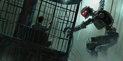 Robot prison human cage prisoner, AI, artificial intelligence dangers, futuristic jail, generated ai