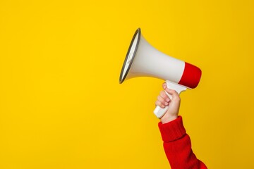 Hand holding a white and red megaphone against a vibrant yellow background - obrazy, fototapety, plakaty