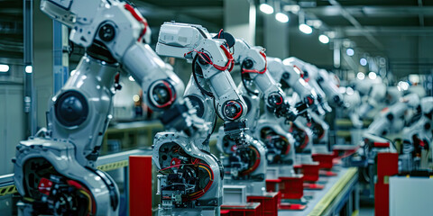 Robot factory production line warehouse operations, artificial intelligence robots, cyborgs, generated ai