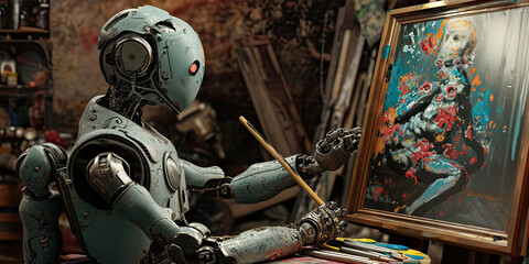 Robot AI artificial intelligence robots painting picture, artistry, cyborg paints, generated ai