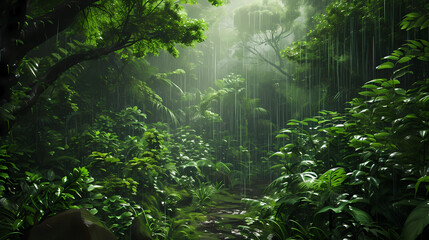 A lush rainforest teeming with life during a rainy season