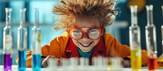 A joyous boy with round glasses conducts scientific experiments, sporting a wild hairstyle, at a white table with test tubes.