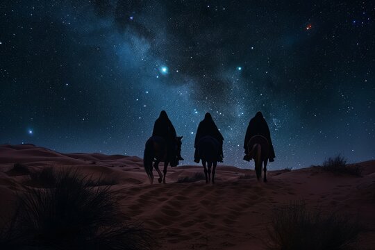Three figures on horses in the desert following a starry night sky