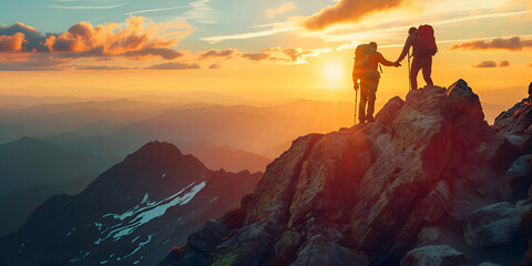 Hiker helping friend reach the mountain top, World Mountains day, tourism, tour day, Generative Ai