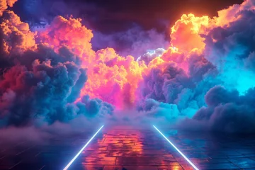Foto op Canvas Person facing a vibrant explosion of clouds within a futuristic corridor © ParinApril