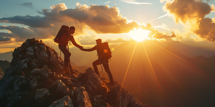 Hiker helping friend reach the mountain top, World Mountains day, tourism, tour day, Generative Ai