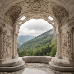 view of the forest outside on a pleasant cloudy day through an open ornate marble balcony from a castle
