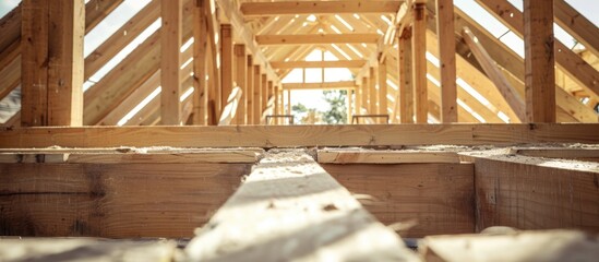 Obraz premium Constructing a house with unfinished wooden framework.