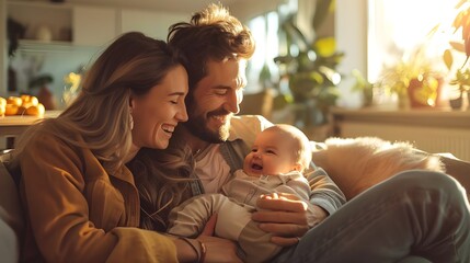 Happy young mother, father with newborn baby at home, modern stylish living room at background. Loving couple cuddling their child on sofa. Family lifestyle, parenthood, human relationships concept.
