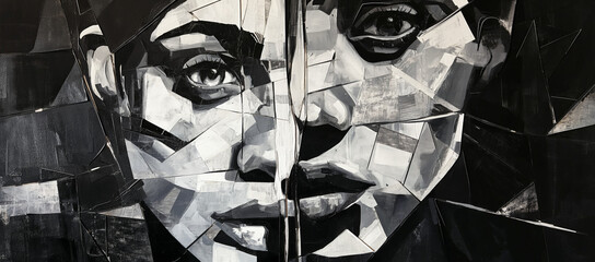 Black and White Cubist Mural Painting of Woman, AI Generated