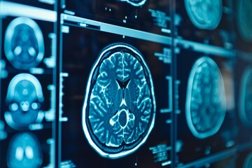 Digital image of a human brain scan displayed on monitors