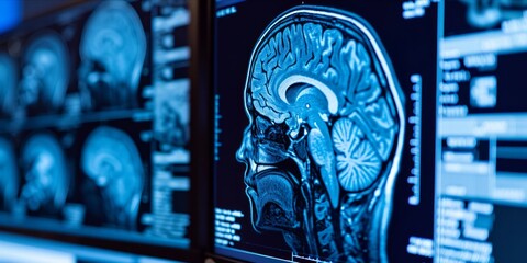 Digital image of a human brain scan displayed on monitors