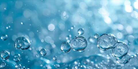 Close up of water bubbles and droplets in a serene blue environment