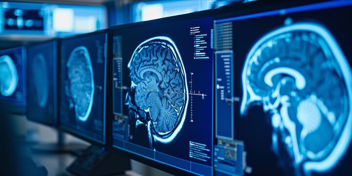 Digital image of a human brain scan displayed on monitors