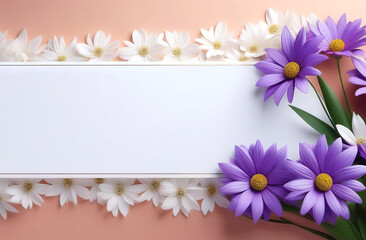 Banner with a delicate spring composition of white and lilac flowers. Free space for text. Concept for March 8, Parents' Day, Mother's Day