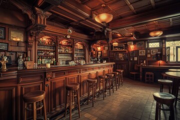 Fototapeta na wymiar Vintage style bar interior with wooden architecture