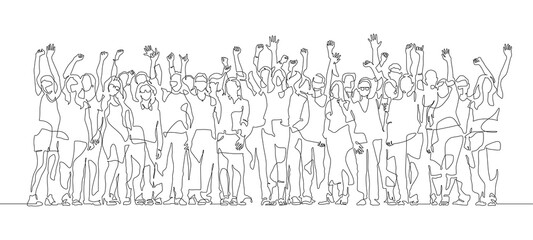 Continuous line drawing of happy cheerful crowd of people. Hands up . Audience group. Group of applause people.