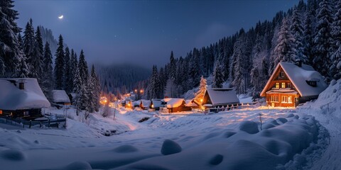 Winter village scene with moonlight and snow - obrazy, fototapety, plakaty