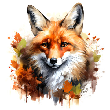 Fox watercolor illustration, painting design for poster and sublimation print