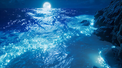 Fototapeta na wymiar surreal moonlight at sea side, luminous water, surrealism, beautiful