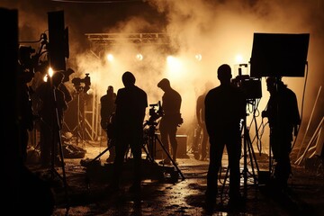 Silhouette of a film set with crew and equipment - obrazy, fototapety, plakaty